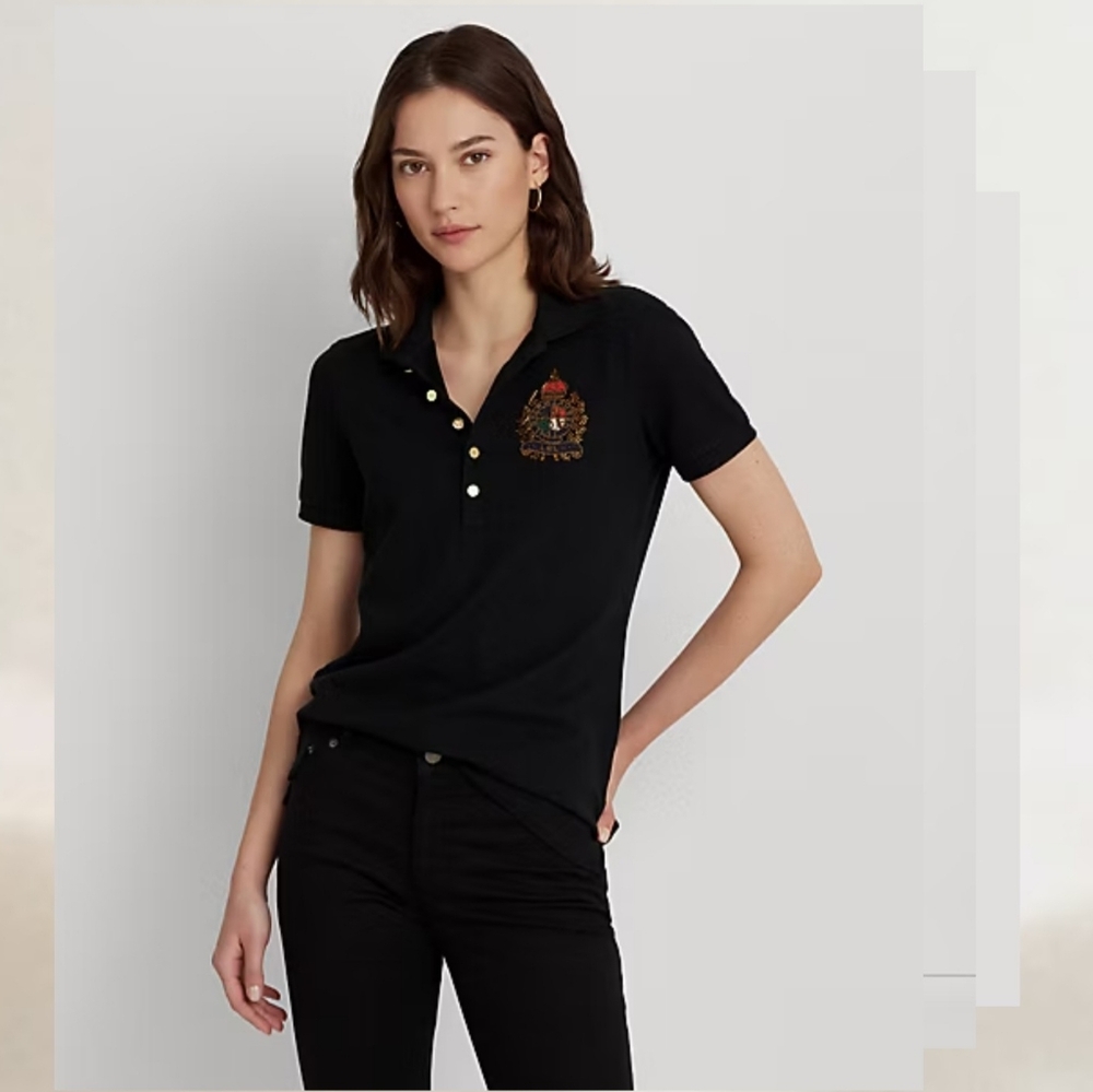 Ralph Lauren Beaded Creat Pique Black Polo with Embroidered Crest XS